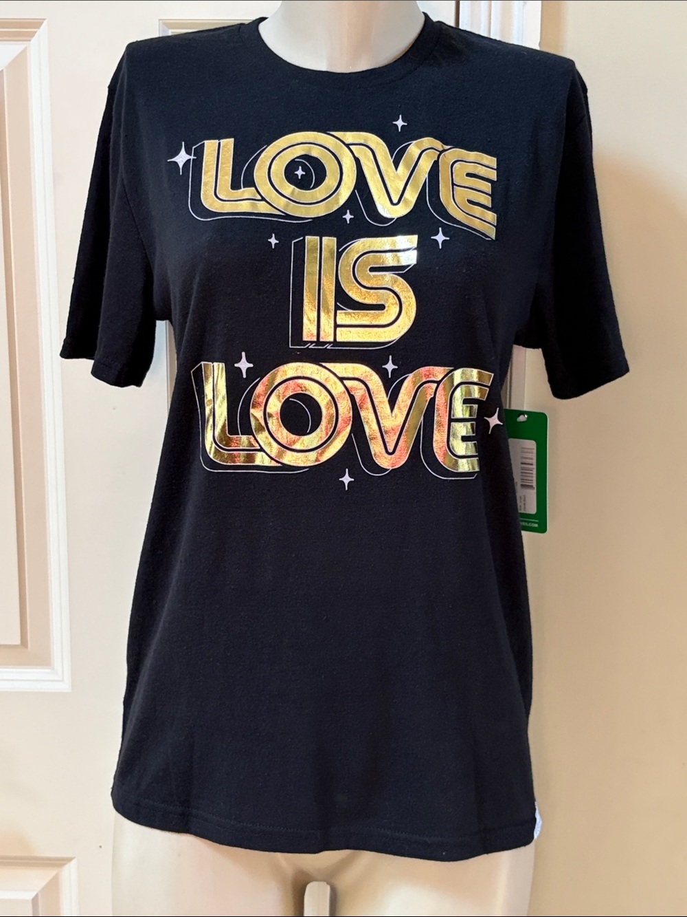 NWT Tipsy Elves Black Tee with Metallic Gold 'Love Is Love' Graphic, small